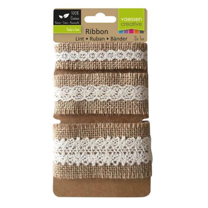 Vaessen Creative • Assortiment Ruban de jute/dentelle Naturel/Ivory 3pcs 1m