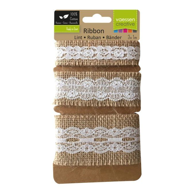 Vaessen Creative • Assortiment Ruban de jute/dentelle Naturel/Ivory 3pcs 1m