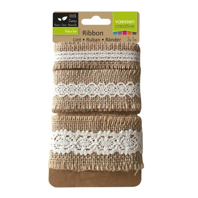 Vaessen Creative • Assortiment Ruban de jute/dentelle Naturel/Ivory 3pcs 1m