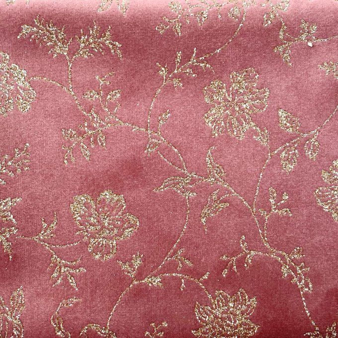 Velours Paillettes Broderie Antique Rose 50 x cm 